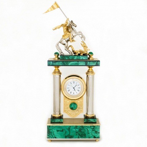  Часы настольные, для камина  камень / бронза "Георгий Победоносец" малахит 003597