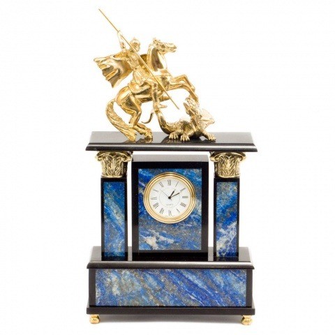 Часы настольные, для камина  камень / бронза "Георгий Победоносец" лазурит 005035