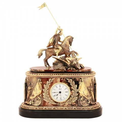 Каминные часы Часы настольные, для камина  камень / бронза "Георгий Победоносец" яшма 003093