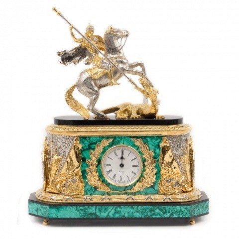 Каминные часы Часы настольные, для камина  камень / бронза "Георгий Победоносец" малахит позолота 006993