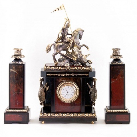 Каминные часы с камнем и подсвечниками для гостиной, камина "Георгий Победоносец" яшма 003588