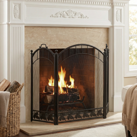 Защитный экран для камина с листьями, античное серебро 31206ВK