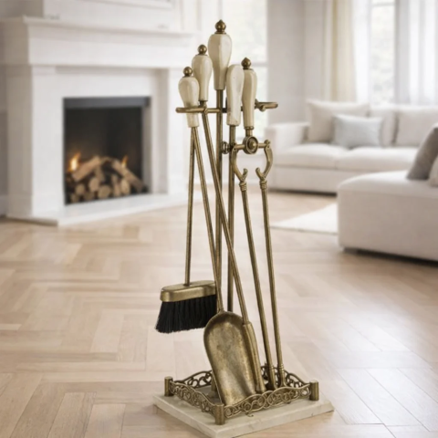 Набор для камина мрамор бежевого цвета, цвет античная латунь 1185AMC, Италия