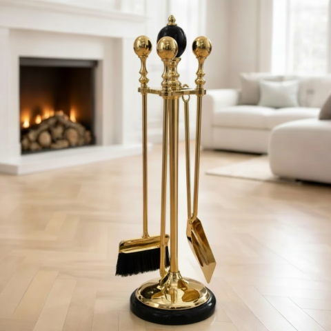 Каминный мраморный набор, 4 предмета, блестящая латунь, черный мрамор, 1193LMN, Италия