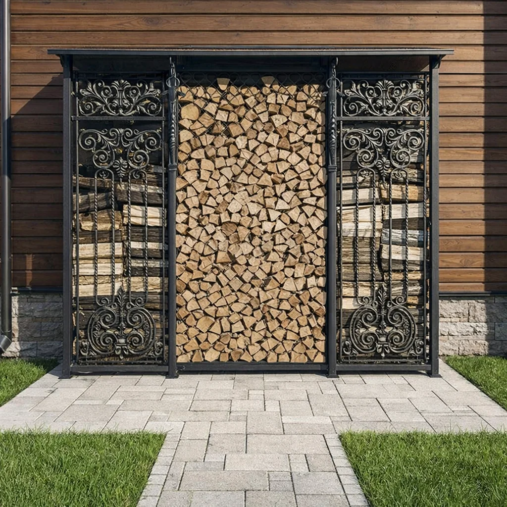 Дровница уличная кованая с крышей из металла