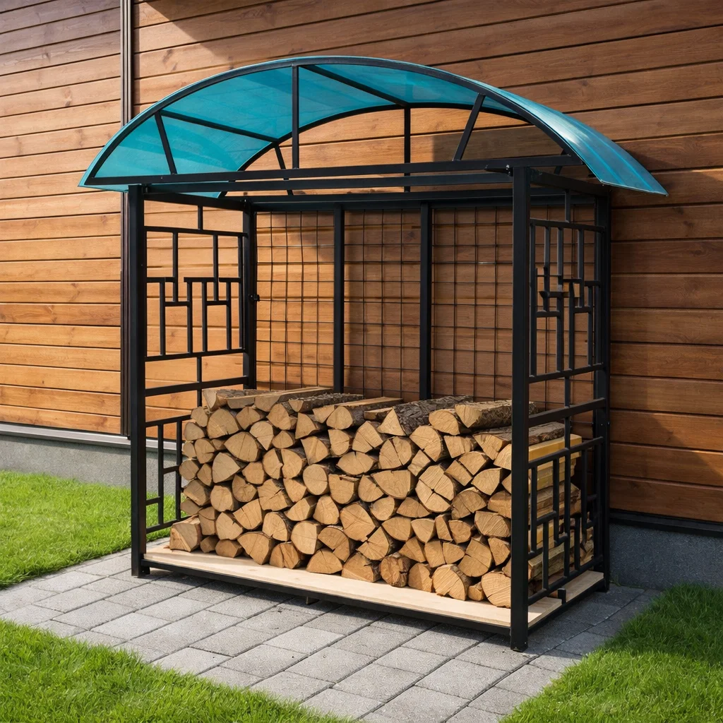 Дровница уличная из металла с крышей из поликарбоната для дачи, частного дома