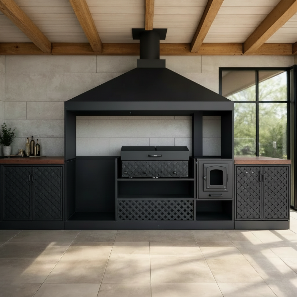 Мангальная зона лофт из металла профессиональная черная с мангалом, печью и ковкой (мангальный комплекс 019)