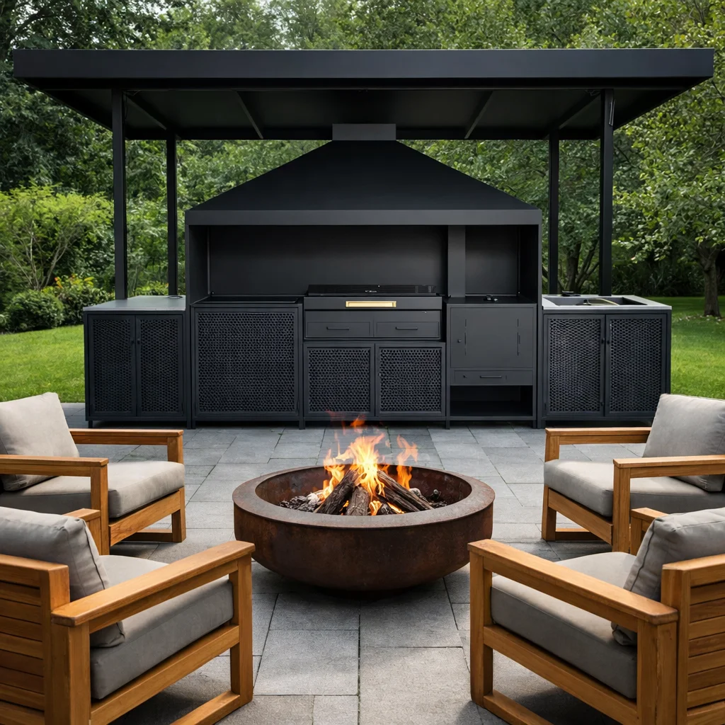 Мангальная зона из металла лофт (мангальный комплекс 015) с мангалом, печью, местом под тандыр и вытяжным зондом