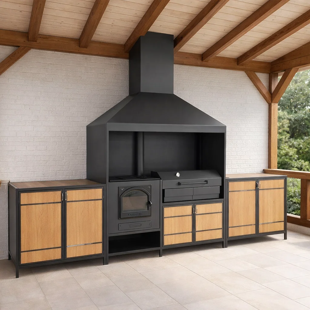 Мангальная зона лофт из металла модульная с деревянными панелями (мангальный комплекс 018)