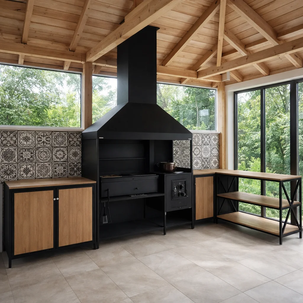 Уличная модульная летняя кухня с мангальной зоной  лофт, облицовка дерево