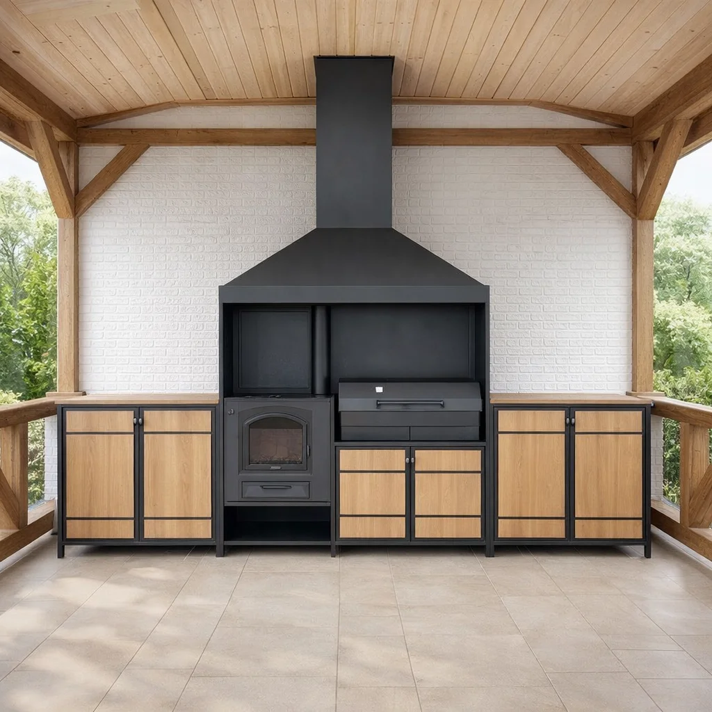 Модульная уличная летняя кухня лофт с мангальной зоной, облицовка дерево (уличная мебель для беседок, навесов, пергол)