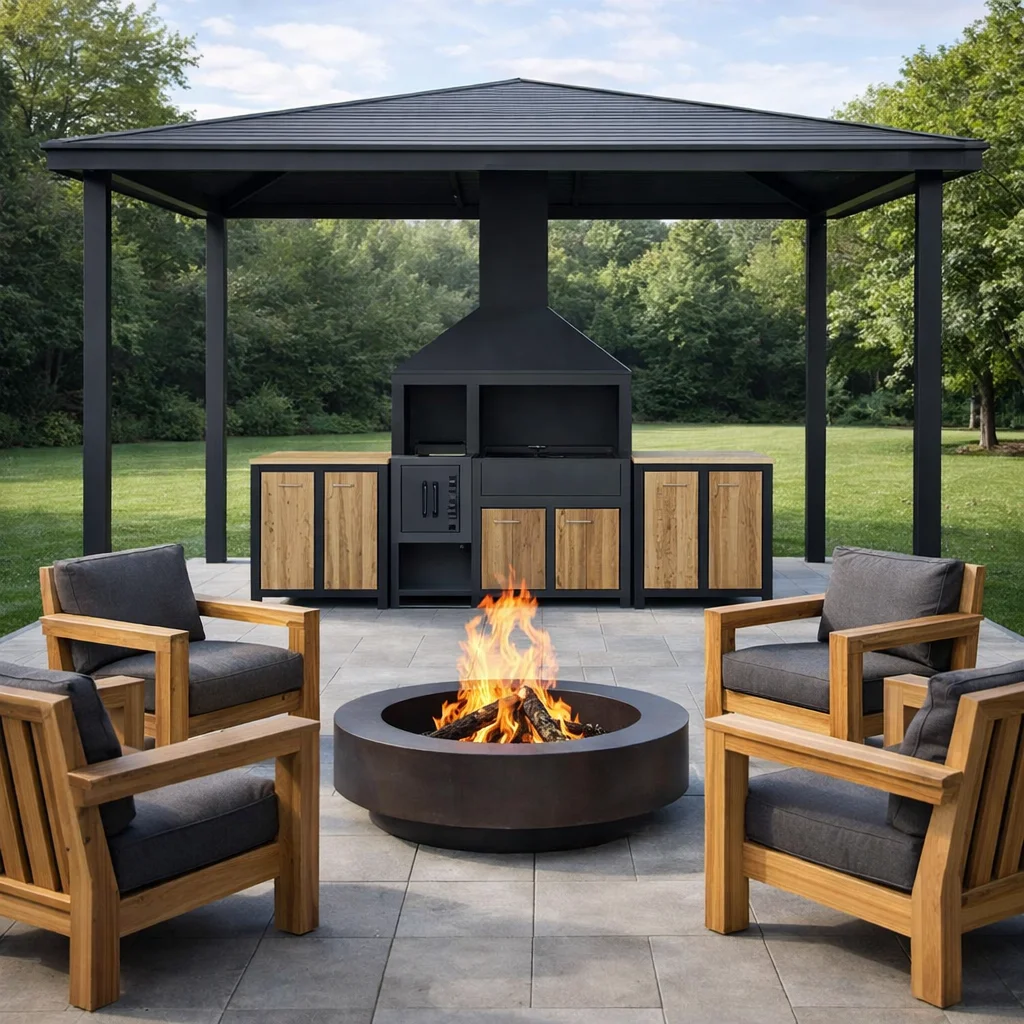 Модульная мангальная зона лофт с из металла с деревом для дачи, дома (мангальный комплекс 26)