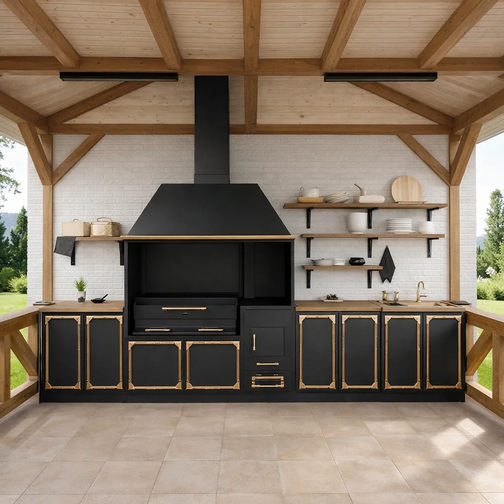 Уличная модульная летняя кухня с мангальной зоной классическая