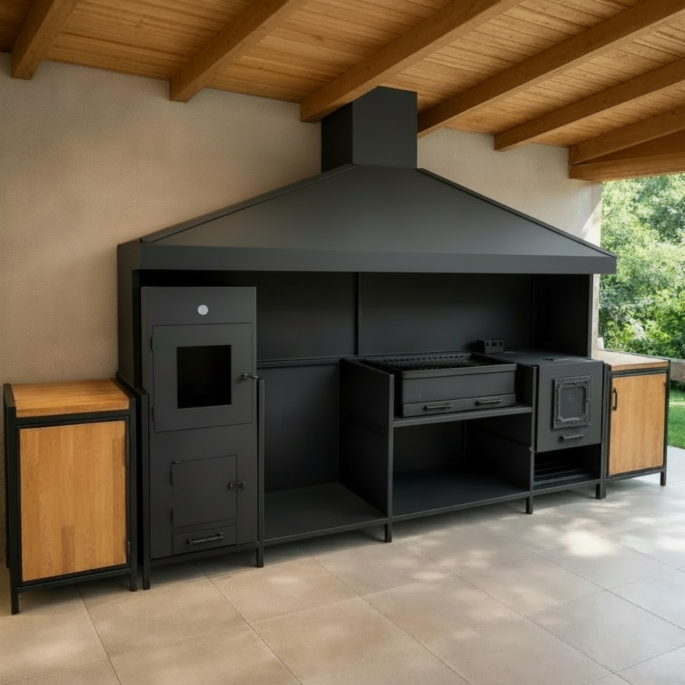 Мангальная зона лофт из металла для дачи и дома (мангальный комплекс 21) Мангал, печь под казан, вытяжной зонт, коптильная