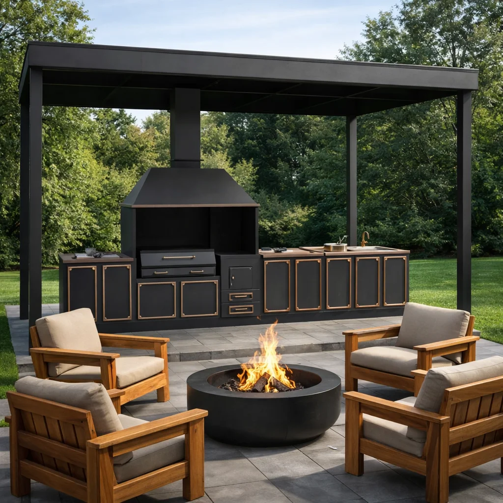 Мангальная зона лофт из металла для дачи и дома (мангальный комплекс 017) черный с патиной