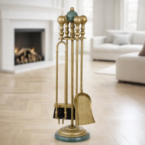 Каминный мраморный набор, 4 предмета, состаренная латунь, зеленый мрамор, 1193AMV, Италия