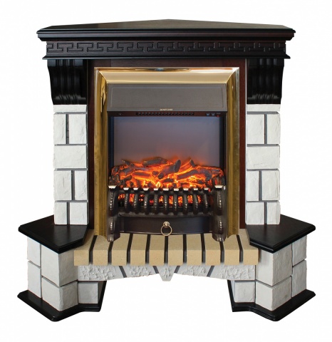 Электрокамин RealFlame Stone Coner AO с Fobos s Lux BR, звук потрескивания дров
