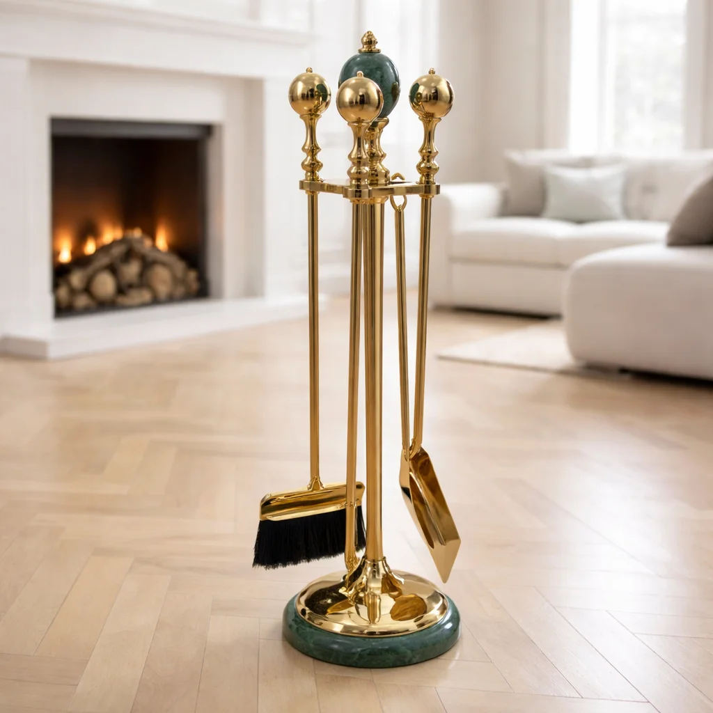 Каминный мраморный набор, 4 предмета, блестящая латунь, мрамор зеленый, 1193LMV 