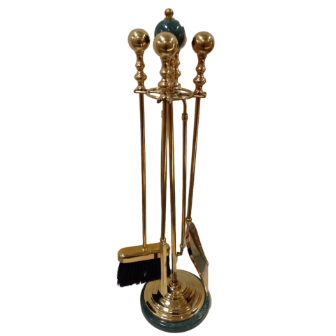 Каминный мраморный набор, 4 предмета, блестящая латунь, мрамор зеленый, 1193LMV 