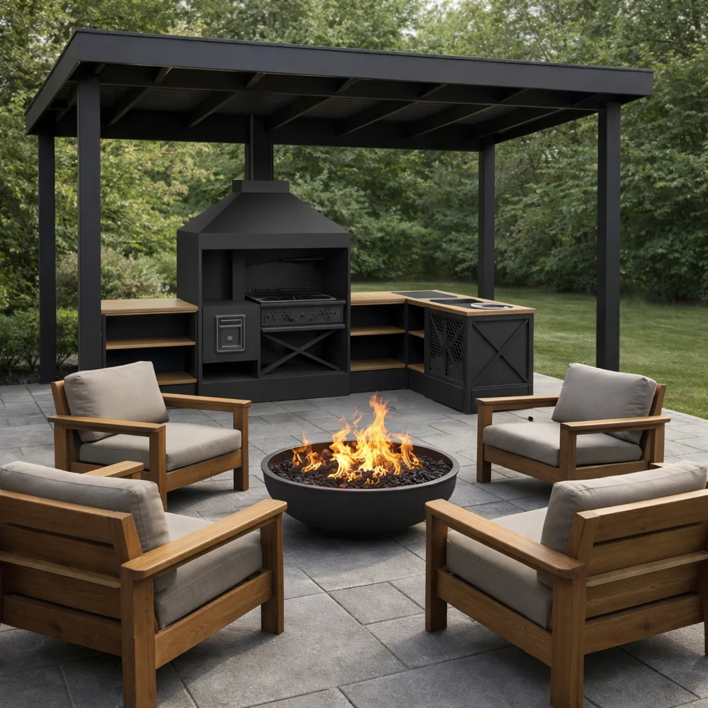 Мангальная зона лофт из металла, профессиональная с мангалом, печью и ковкой, мангальный комплекс 025