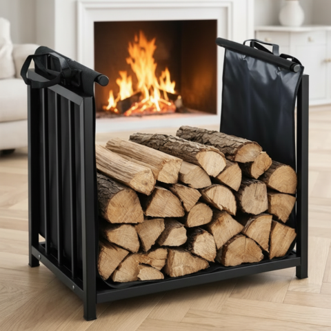 Дровница напольная для камина и печи с сумкой-переноской, подставка для дров, черная