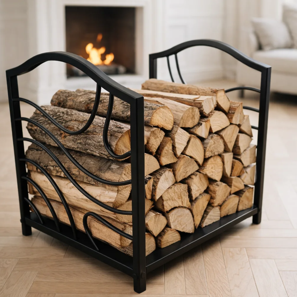 Дровница для камина металлическая напольная, подставка для дров чёрная