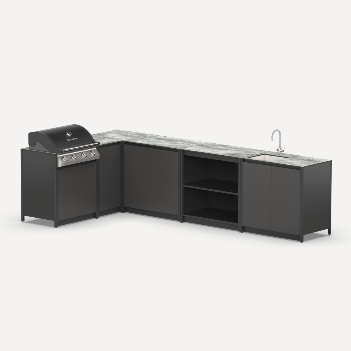 Угловая летняя кухня с газовым грилем Cronon Lounge M-116SG, 3.3x1.8 м, черный/серый каспий