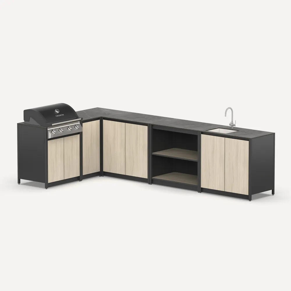 Угловая летняя кухня с газовым грилем Lounge M-116SG, 3.3x1.8 м, дуб сонома/черный мрамор
