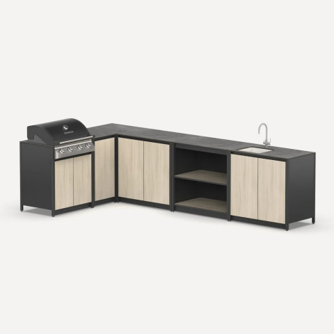 Угловая летняя кухня с газовым грилем Lounge M-116SG, 3.3x1.8 м, дуб сонома/черный мрамор