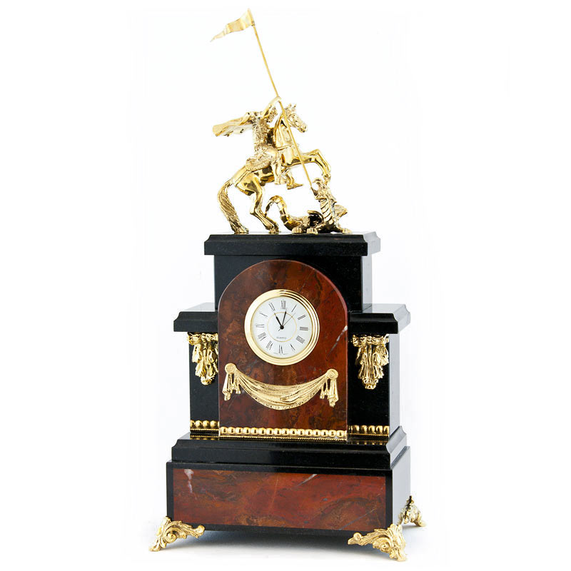 Настольные, каминные часы в гостиную камень / бронза "Георгий Победоносец" яшма 003059