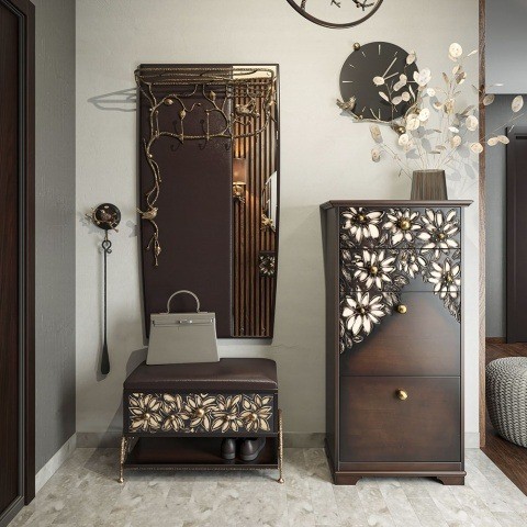 Настенная прихожая в коридор классическая с банкеткой (обувницей), зеркалом, вешалкой Терра Каштан